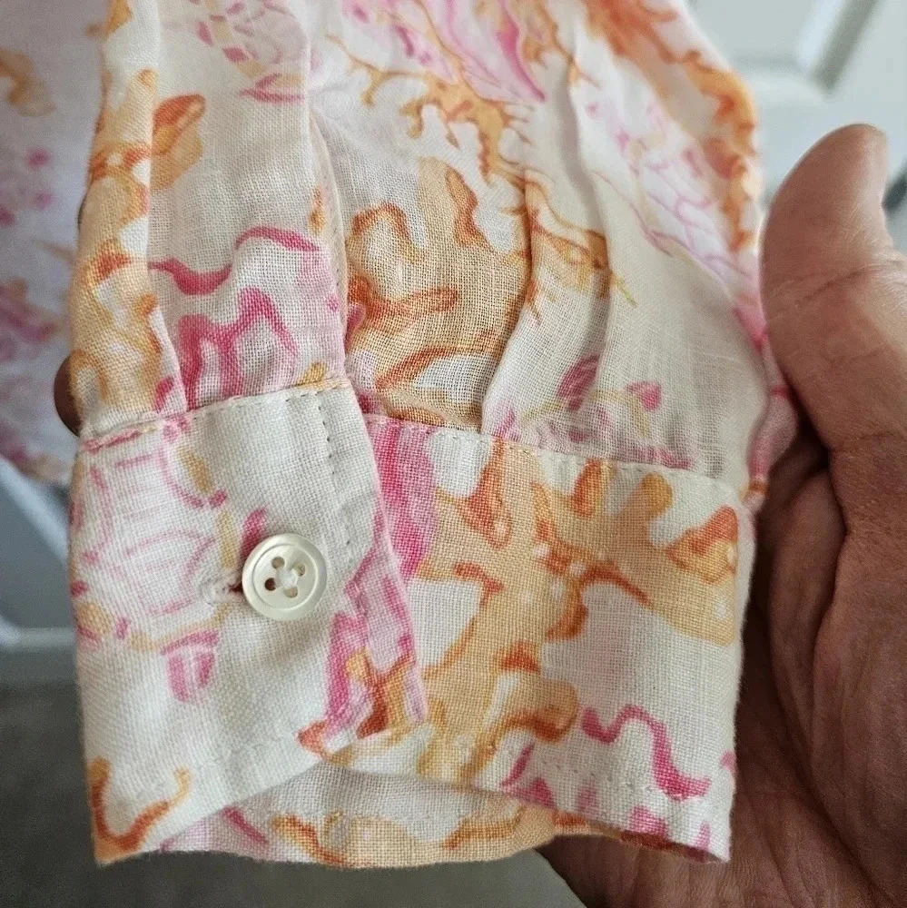 J. Jill Women M Love Linen Blouse Pink Orange Coral Print Pristine Investment - Picture 5 of 7